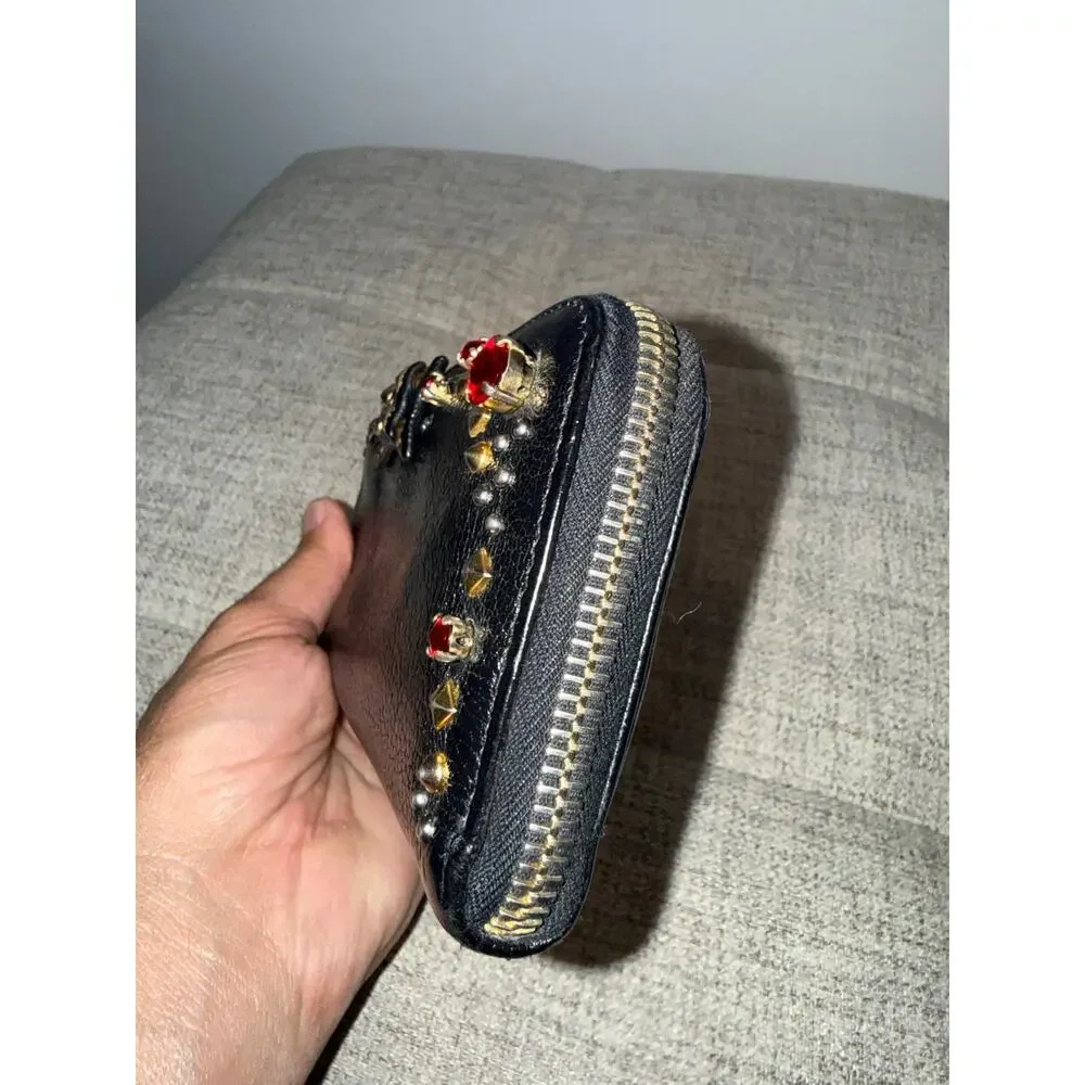 Miu Miu Black Leather Studded Bow Zip Wallet – Red Jewels, Gold Hardware, Italy